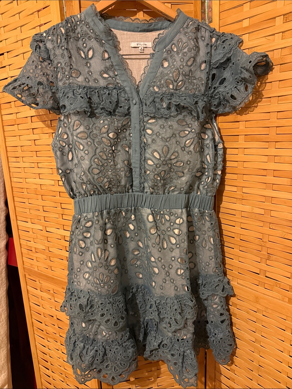 Eyelet Lace Ruffle Mini Dress - Dusty Teal